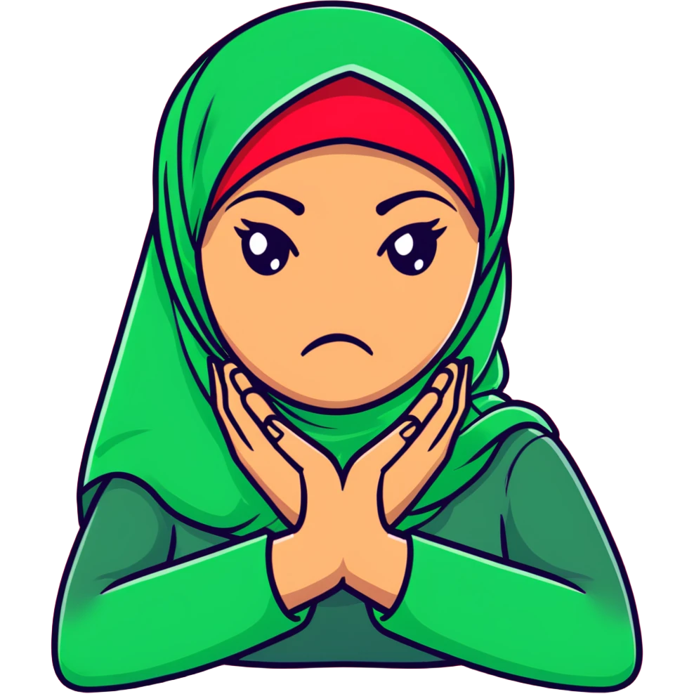 angry hijabi woman, hands crossed in an X over her neck, face red with frustration emoji