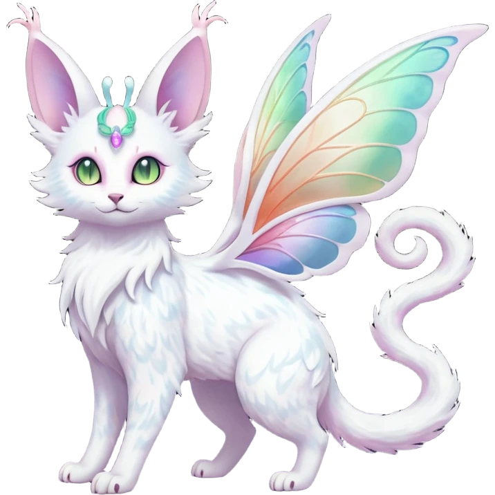 Pure-snow-White albino iridescent with pastel rainbow-gradients-color-markings with swirly patterns butterflies  faerie-Noivern-Noibat-Purloin-Torracat-Lykoi-Caracal-cat-Fakemon-fusion-hybrid-creature emoji