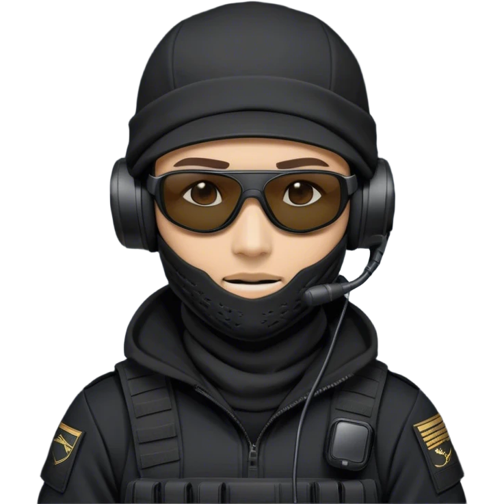 A highly detailed tactical operator wearing a black backward cap, a white full-face balaclava, black wraparound sunglasses, and a professional military communication headset with a microphone. The character is dressed in a dark tactical hoodie or combat gear with a sleek, modern design. emoji