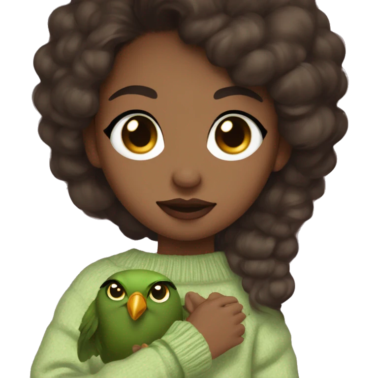 Dark brown haired girl, brown eyes, brown skin, long lashes, big rosé lips, matcha green sweater, holding a bird in arms emoji
