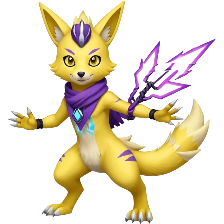 Furry Anthropomorphic Yellow Renamon-Zeraora-Toxtricity-Lombax-Pokémon-Digimon-Fakémon-fusion with purple lightning-bolt-markings, and facial markings, black bandanna scarf (full body) emoji
