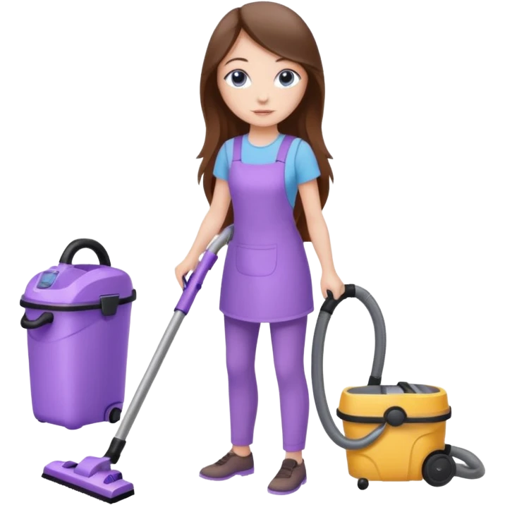 beautiful girl with long brown hair, blue eyes and wearing light purple clothes, cleaning and vacuuming emoji