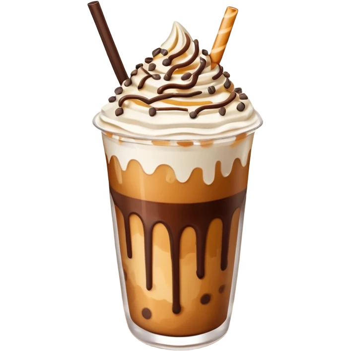 iced caramel macchiato with chocolate caramel drizzle sprinkles on cold foam emoji