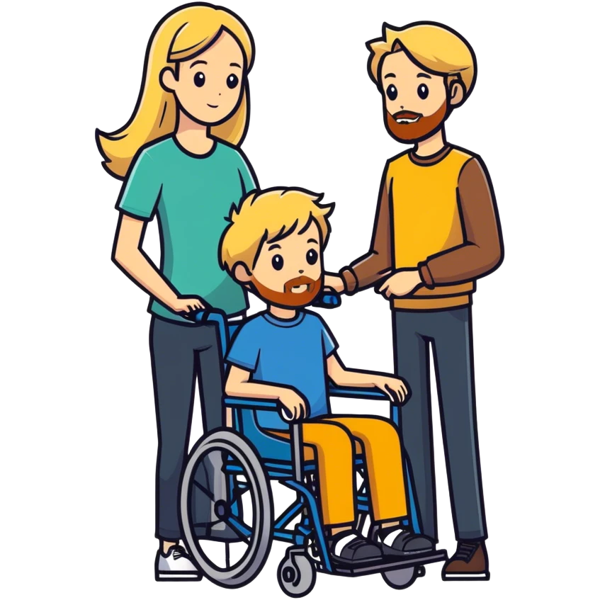 Single long haired blonde women with Single Brown haired Boy in wheelchair with a beard emoji