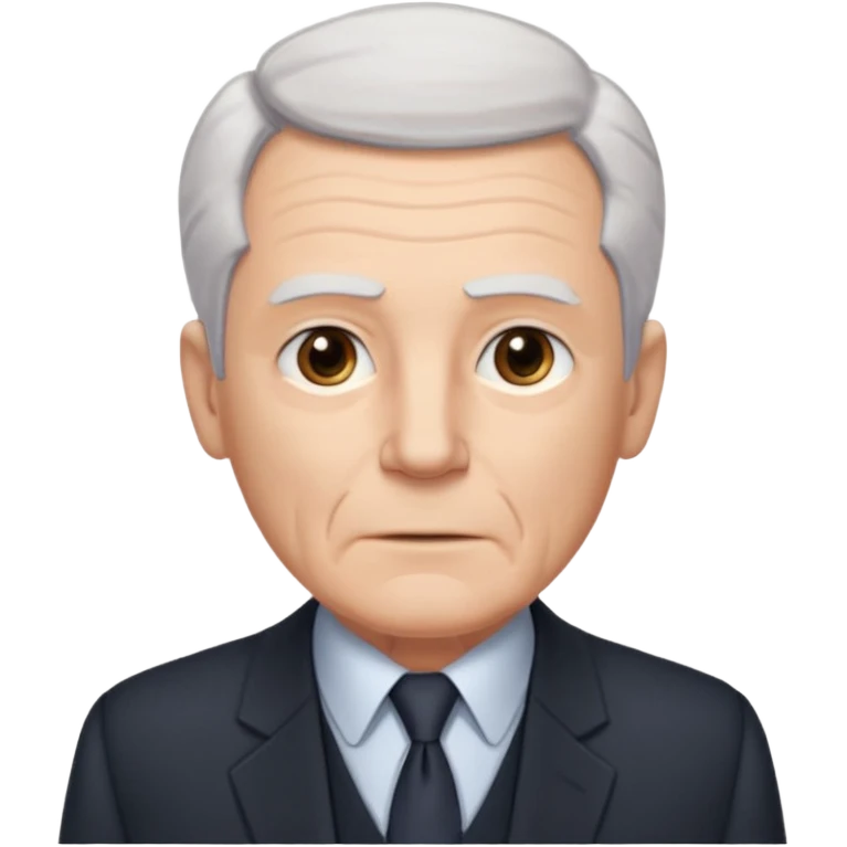 Elderly white man. Pale skin. Gray or white hair neatly combed back. Clean-shaven face with wrinkles around the eyes and mouth. Calm, steady eyes. Wears a collared shirt, tie, vest, and dark suit jacket visible from the chest up. emoji