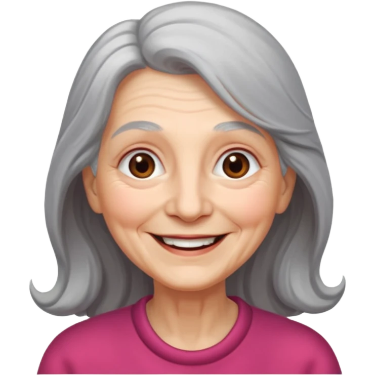 an elderly woman with long, grey hair and a smiling face emoji