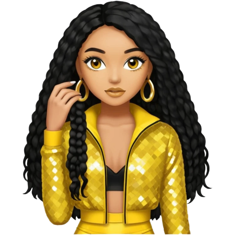 Leigh-Anne Pinnock from Little Mix with long black hair, yellow sequin outfit emoji