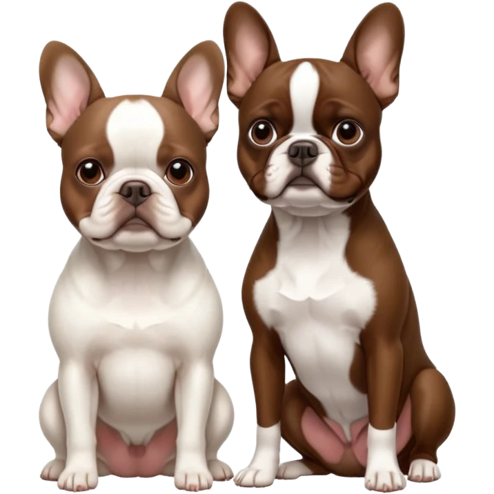All pure white French bulldog sitting next to skinny brown Boston terrier emoji