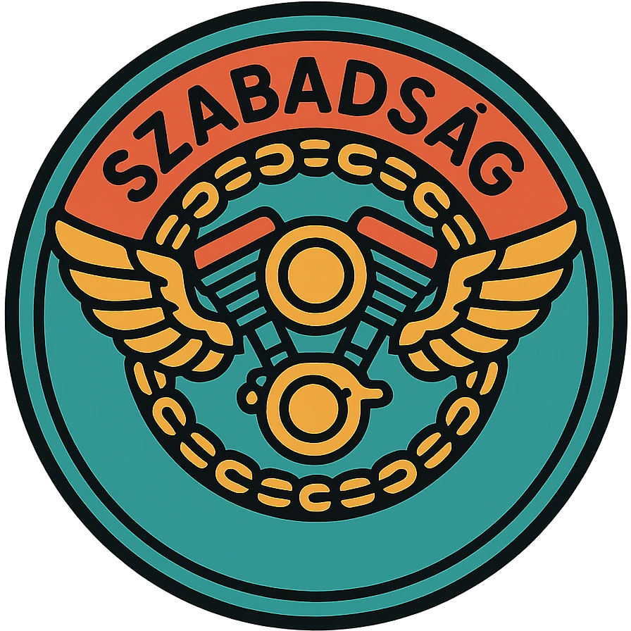 circular motorcycle cap design with the Hungarian word 'Szabadság', featuring motorcycle motifs like wings, motor, chain, dynamic style emoji
