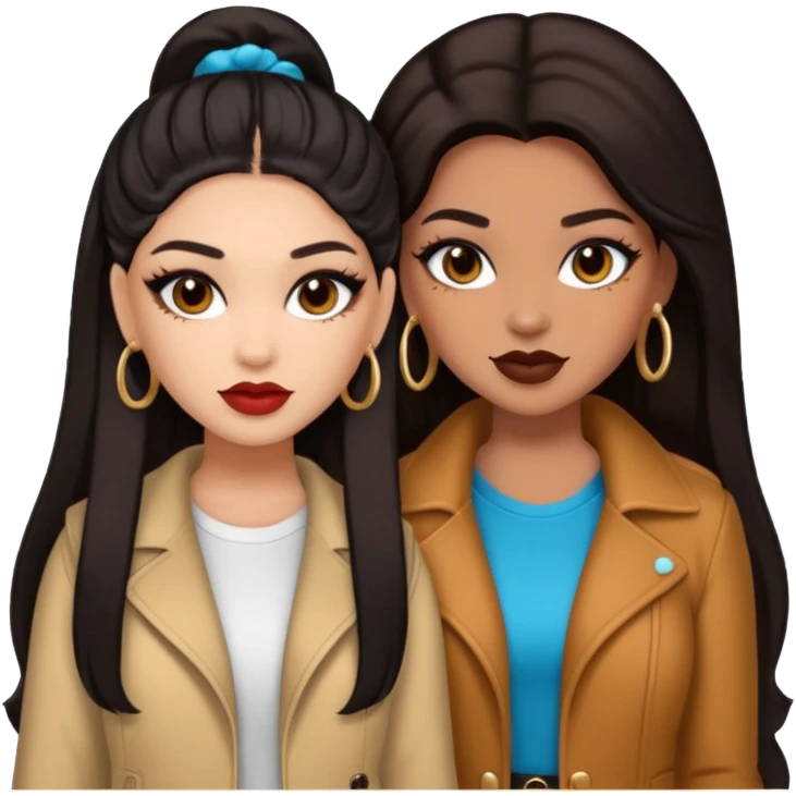 Boujy baddie best friends, trendy heavy makeup both dark hair one light skinned and one caramel skin  emoji