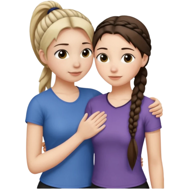 Comforting Hug two white skin women, one shorter woman with medium brown simple top ponytail, not braided, and one taller woman with a single long black side braid emoji
