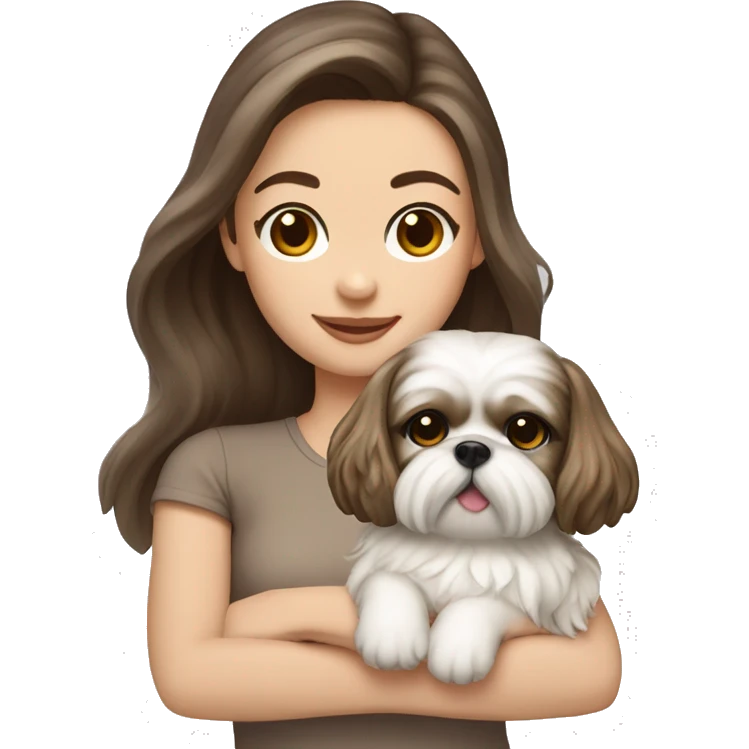 Young brunette hair woman with a cream shih tzu in her arms long wavy hair emoji