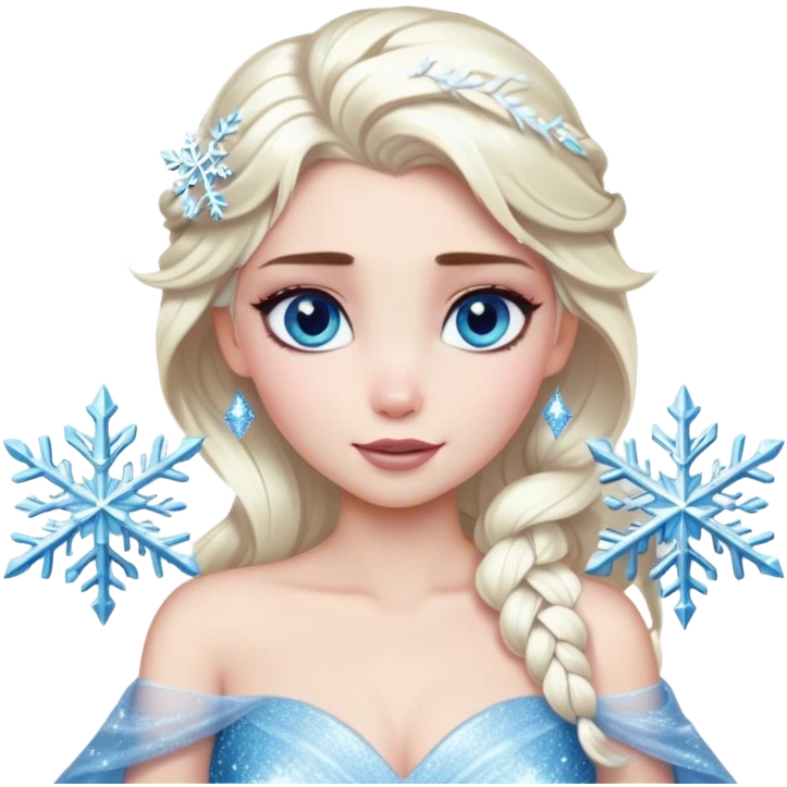 Cinematic Realistic Elsa Portrait, depicted with lifelike skin texture, soft natural lighting, and intricately detailed platinum blonde hair styled elegantly. Her striking, expressive blue eyes exude confidence and grace, complemented by a serene and regal expression. She holds a shimmering snowflake delicately in one hand, her other hand resting against her gown, embodying the power and beauty of winter. She is dressed in her signature icy attire, with shimmering fabric textures and delicate folds that catch the light beautifully. The portrait features a soft, enchanting glow with a cool, radiant finish, capturing the essence of timeless elegance in a realistic and painterly style. emoji