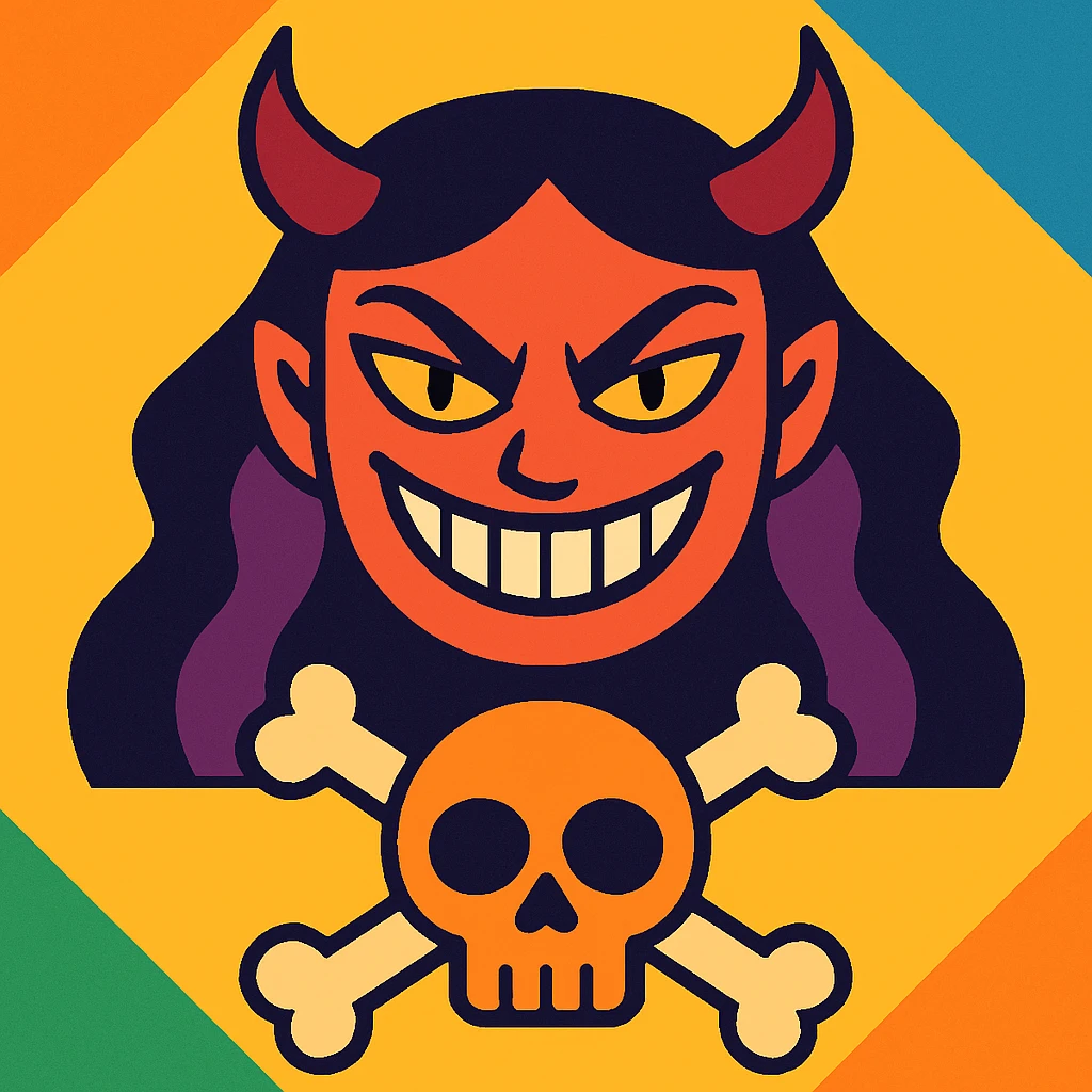 cara malvada sonriendo con cuernos y una calavera con huesos cruzados emoji