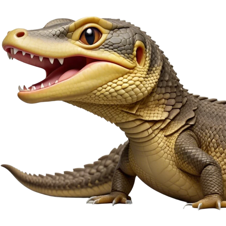 Cinematic Realistic Cute Yawning Monitor Lizard Portrait Emoji, Head tilted slightly with a dramatic, wide-open yawn, showcasing a soft, textured scaled hide with subtly drooping features and half-closed, drowsy eyes, rendered with meticulous natural detail and warm shadows, high shine, relaxed yet expressive, styled with a dash of desert charm, soft glowing outline, capturing the essence of a sleepy yet affectionate monitor lizard that appears ready to stretch out for a restful nap! emoji