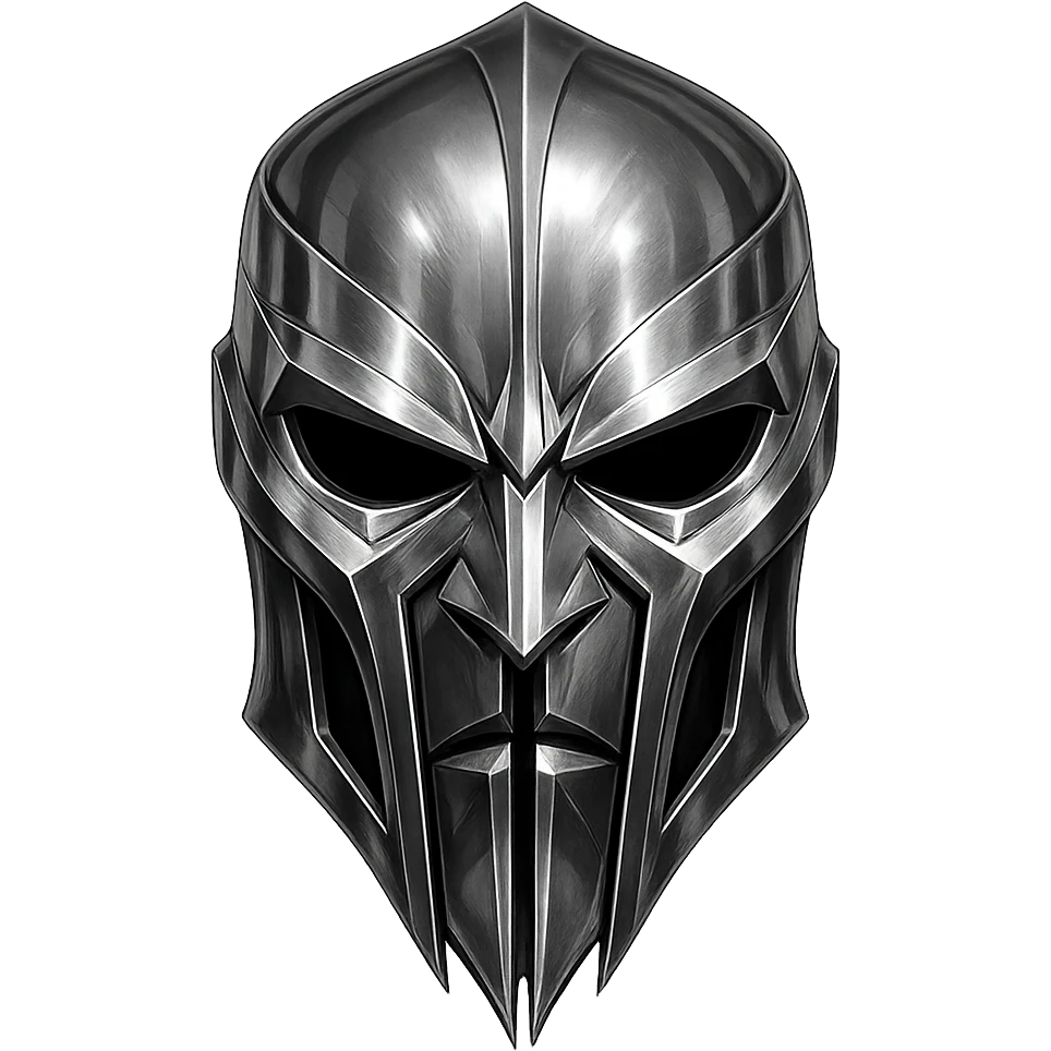 chrome futuristic gladiator-inspired mask with high forehead, deep eye cutouts, split vertical nose bridge extending below mouth, metallic silver sharp angular lines symmetrical intimidating villainous design emoji
