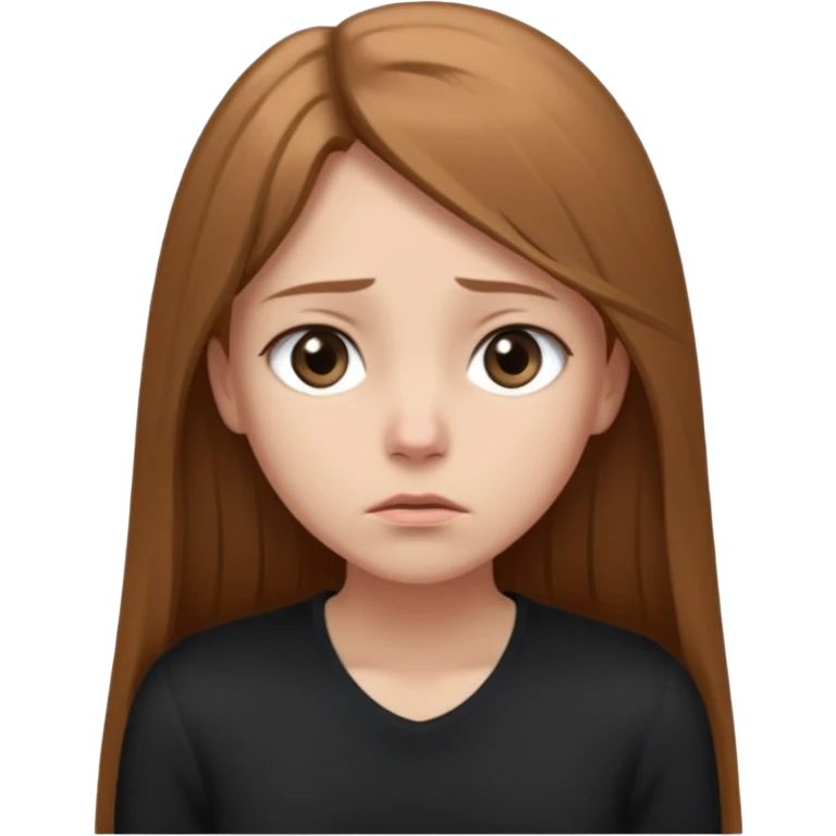 emoji of a girl with long, straight light brown hair, fair skin, soft grey eyes. Wearing a black. Standing slightly apart from a group of people, shoulders slightly hunched, arms loosely at her sides, head tilted down, eyes looking away. Nervous, unsure, miserable, and afraid.  emoji