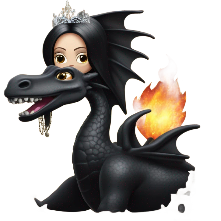 Victorian evening dressed, young Morticia Addams Jedi wearing a mini tiara, riding on the back of a very large black shiny evil-looking fire-spewing horned dragon emoji