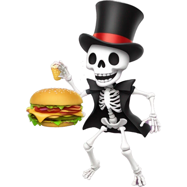dancing skeleton eating hamburger with a top hat emoji