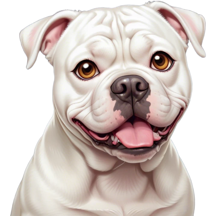 Cinematic Comical White American Bulldog Portrait Emoji, Head tilted dramatically with an exaggeratedly shocked or offended expression, short white fur with a slightly wrinkled forehead, wide, expressive brown eyes filled with exaggerated disbelief, Simplified yet hilariously expressive features, highly detailed, glowing with a slightly sassy glow, high shine, dramatic yet playful, stylized with an air of attitude, bright and endearing, soft glowing outline, capturing the essence of a sassy and over-the-top pup, so meme-worthy it feels like it could side-eye its way into internet fame instantly! emoji