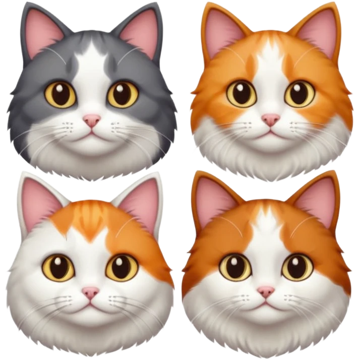 4 different coloured short haired cats including; a dark brown and white cat, and a dark grey and white, and a calico emoji