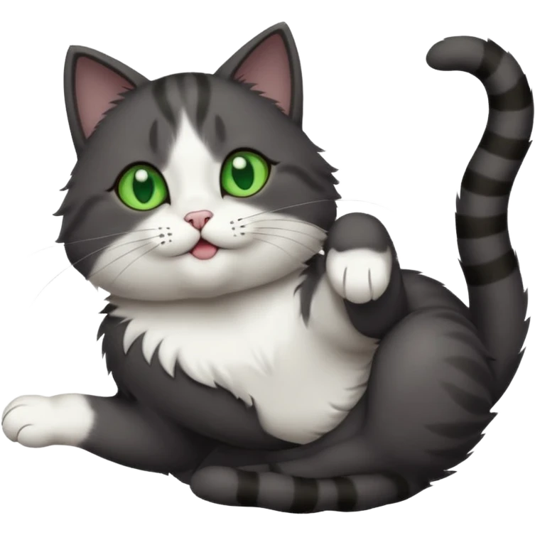 dark grey cat with green eyes, white toes/paws and white patch on her chest playfully rolling upside down emoji