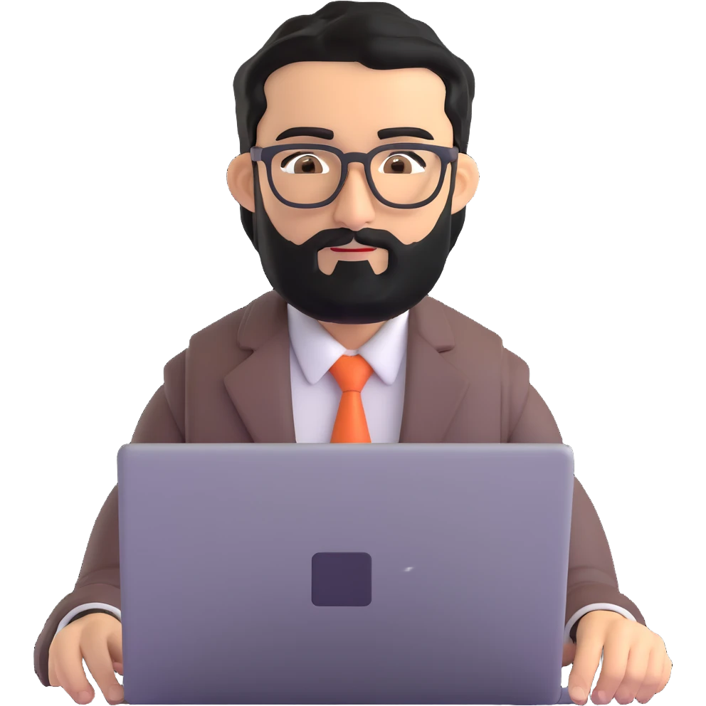 professional man with medium black beard, neat black hair, connected unibrow, olive tan skin, brown eyes, glasses, prominent nose, wearing business casual attire, typing on laptop, slightly turned to the side emoji