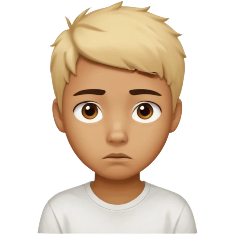 caramel skin color. Teen age. Short buzz, messy blonde hair, dark brown bushy eyebrows large expressive golden-brown eyes, brown skin color, scar over nose, wearing a plain white t-shirt. Disappointed thinking facial expression. caramel skin color emoji