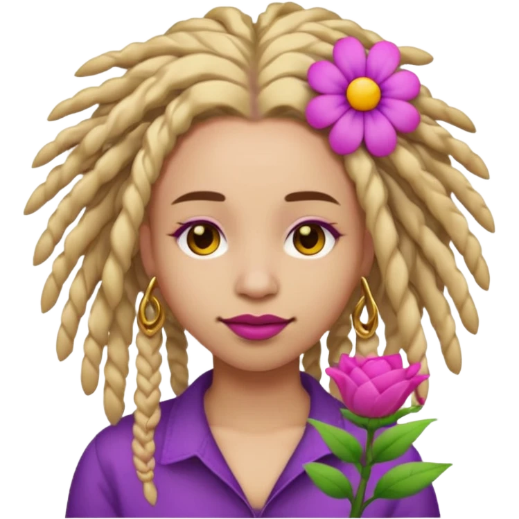 Gold dread locs pink emoji face purple flower in the hair red lipstick emoji