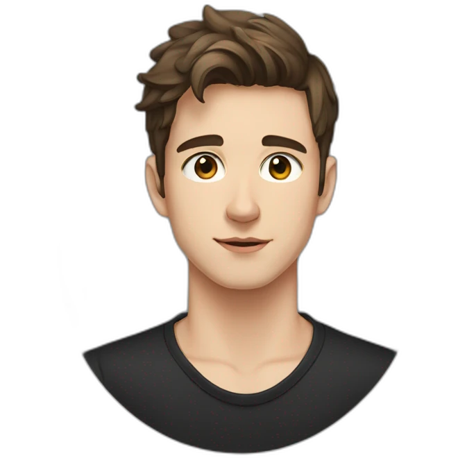portrait of 18 years old guy, brown hair to the left, gray eyes, black shirt emoji