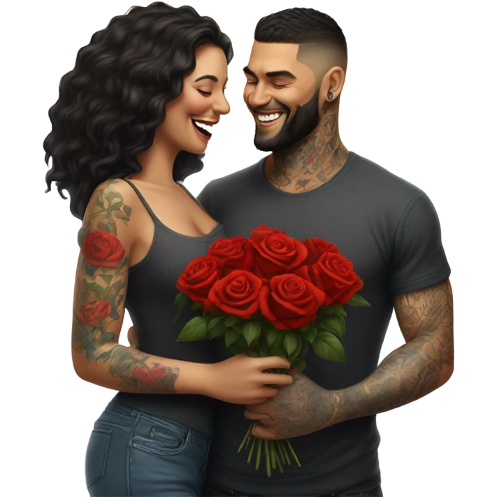 Hyper Realistic beautiful woman smells bouquet of bright red roses laughing with handsome tattooed man  emoji