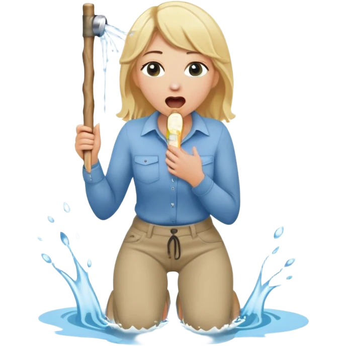 blond woman kneeling, surprised, a wide skin-colored stick with a D-shaped knob with skin texture coming out of a pair of pants hanging in front of her face, water stream squirting from the flat side of the knob into her open mouth emoji