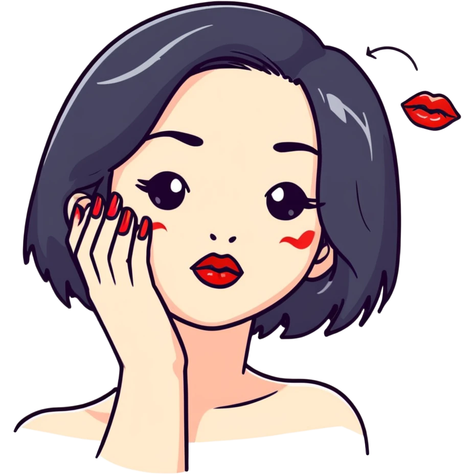 Cute girl with black hair and red lipstick kiss marks on her face emoji
