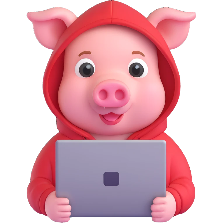 pig hacker emoji, wearing a hoodie, small laptop, minimal details emoji