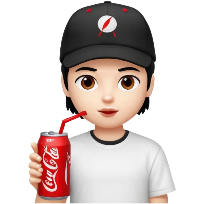 generate a pretty bratz boy with a nike black baseball cap, a white tshirt and drinking coke , black hair emoji