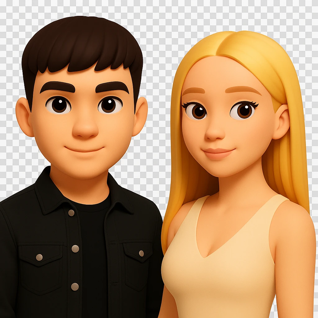 Slightly increase the volume of the upper body of the girl, separate the girl and the boy from each other, make the skin color the same for both. Keep the cartoonish 3D style and maintain the transparent background. The original style is cartoonish 3D. emoji
