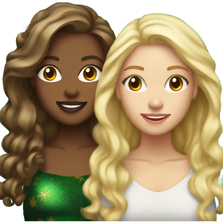 Two light skinned brunettes with a light skinned blonde next to a Christmas tree emoji