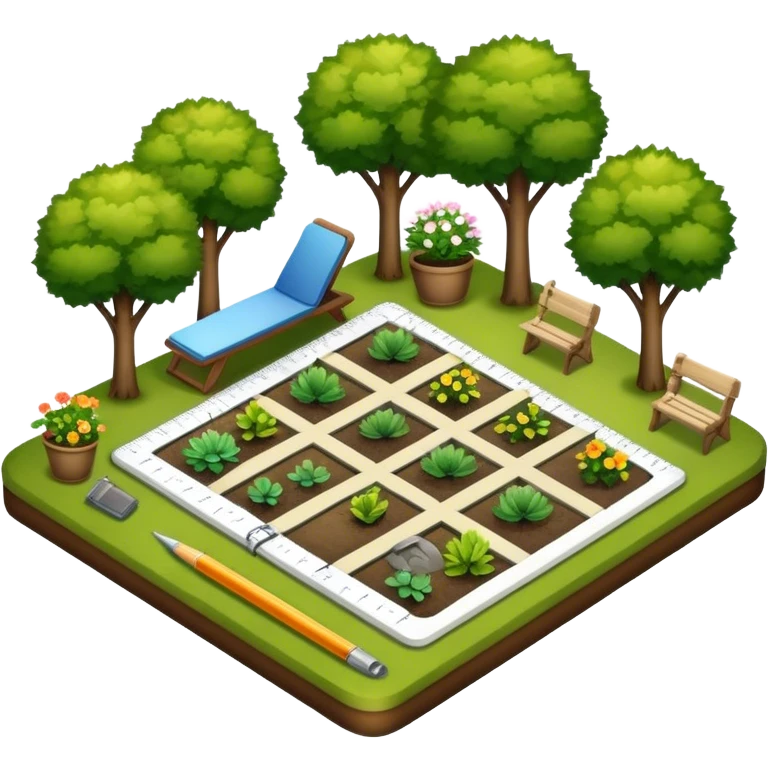 Icon for Landscape Design: a garden layout with trees, plants, pathways, and outdoor furniture, along with design tools like a ruler and sketchpad. The icon should represent the creativity and planning behind landscape design. Transparent background. emoji