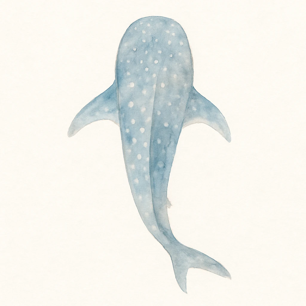 artistic watercolor whale shark from overhead, delicate brushwork, blue and gray palette, peaceful mood, oceanic setting emoji