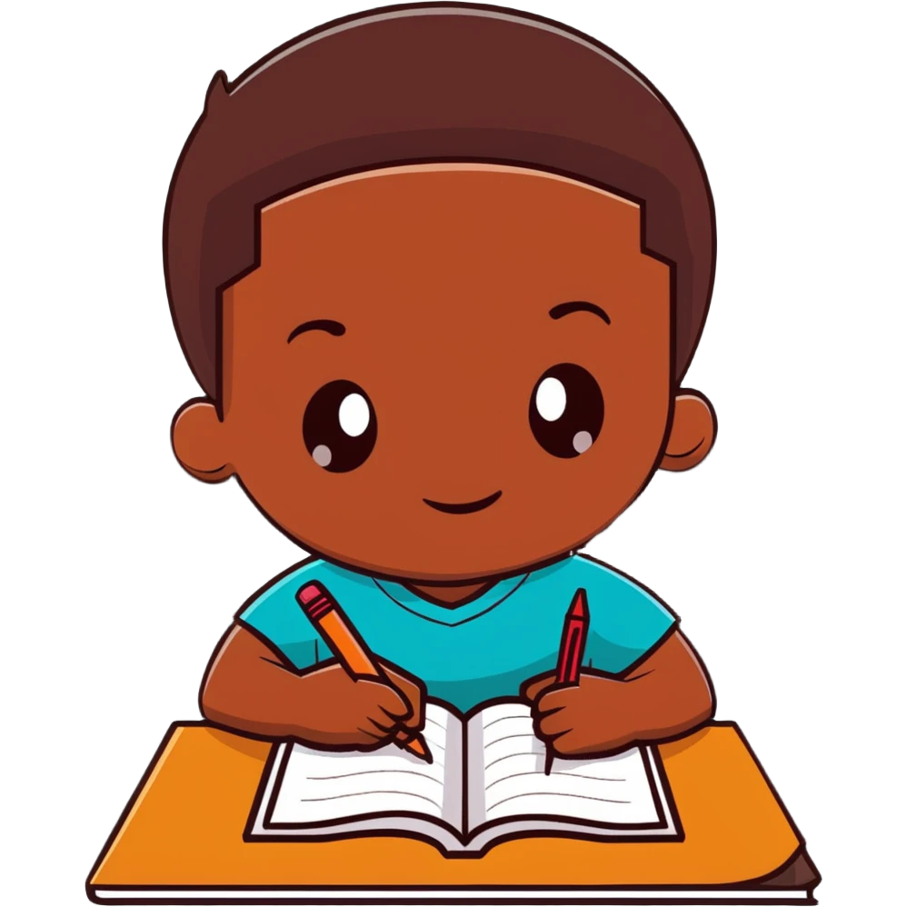 African boy student with brown skin writing with book and pen emoji