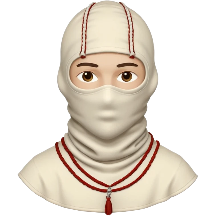 Ultra-detailed studio shot of a post-apocalyptic off-white balaclava — deconstructed, frayed, layered, with braided rope tassels and subtle embroidery. Minimalist white background, soft lighting, sharp focus. High-fashion streetwear aesthetic. The face of a person in a mask should not be visible emoji