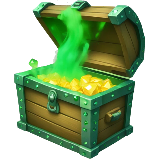 open treasure chest with green smoke coming out and green diamonds overflowing and surrounding it emoji