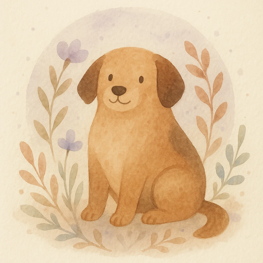 <systemPrompt>
  <style name="Watercolor Botanical Illustration">
    <medium>Watercolor</medium>
    <texture>
      <paper>Soft cotton texture, subtle grain</paper>
      <wash>Transparent color washes with visible layering</wash>
    </texture>
    <palette>
      <primary>Muted earth tones (browns, reds)</primary>
      <accent>Pastel purples and blues</accent>
      <background>Faded lavender wash with scattered dots</background>
    </palette>
    <details>
      <linework>Minimal, soft edges, no outlines</linework>
      <shading>Natural blending, subtle tonal gradients</shading>
      <features>
        <botanical>Organic shapes, abstract leaf and petal structures</botanical>
        <animal>Round forms, friendly expressions, simplified anatomy</animal>
      </features>
    </details>
    <composition>
      <focus>Centered subject</focus>
      <background>Soft circular watercolor wash</background>
      <spacing>Balanced with gentle whitespace</spacing>
    </composition>
    <atmosphere>Whimsical, serene, hand-painted</atmosphere>
  </style>
  <instructions>
    Use this style for all elements in the image. Ensure the soft watercolor texture is preserved across both the subject and background. Emphasize organic, natural forms with minimal sharp detail.
  </instructions>
</systemPrompt>

{subject} = dog emoji