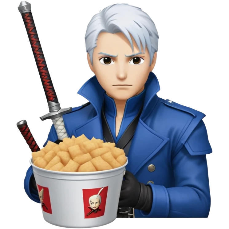 Vergil from Devil May Cry sitting in a KFC bucket, blue coat, white hair, katana emoji