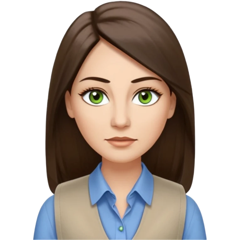 43 year old Adult woman avatar, light skin tone, long, oval face, long straight ashy brown hair, green almond-shaped eyes with dramatic eyelashes and minimal eyeliner, neutral mouth, medium straight eyebrows, average nose, smooth skin,  white collared button down shirt, blue vest emoji