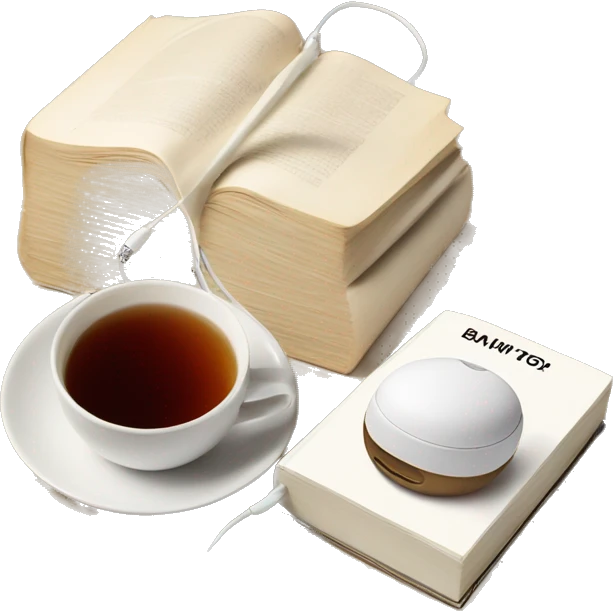 Baige book next to a tea and white headphones emoji