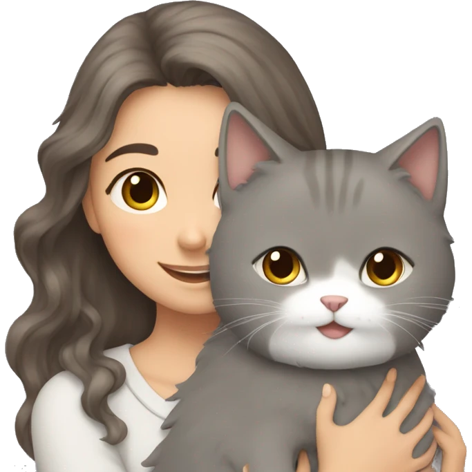 Fluffy grey cat hugging brown hair girl emoji