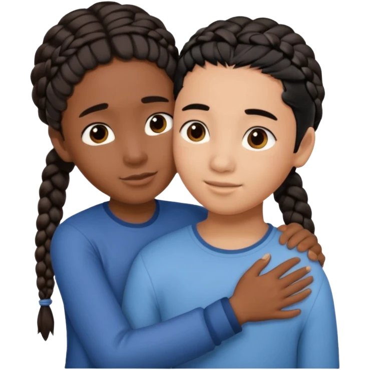 Black girl with braids hugging Asian boy with black hair emoji
