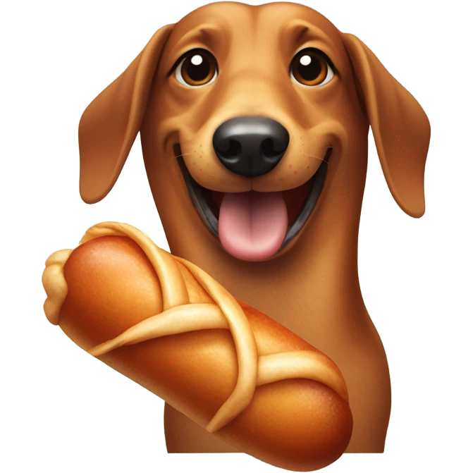 Wiener dog holding a chicken drumstick while smiling emoji
