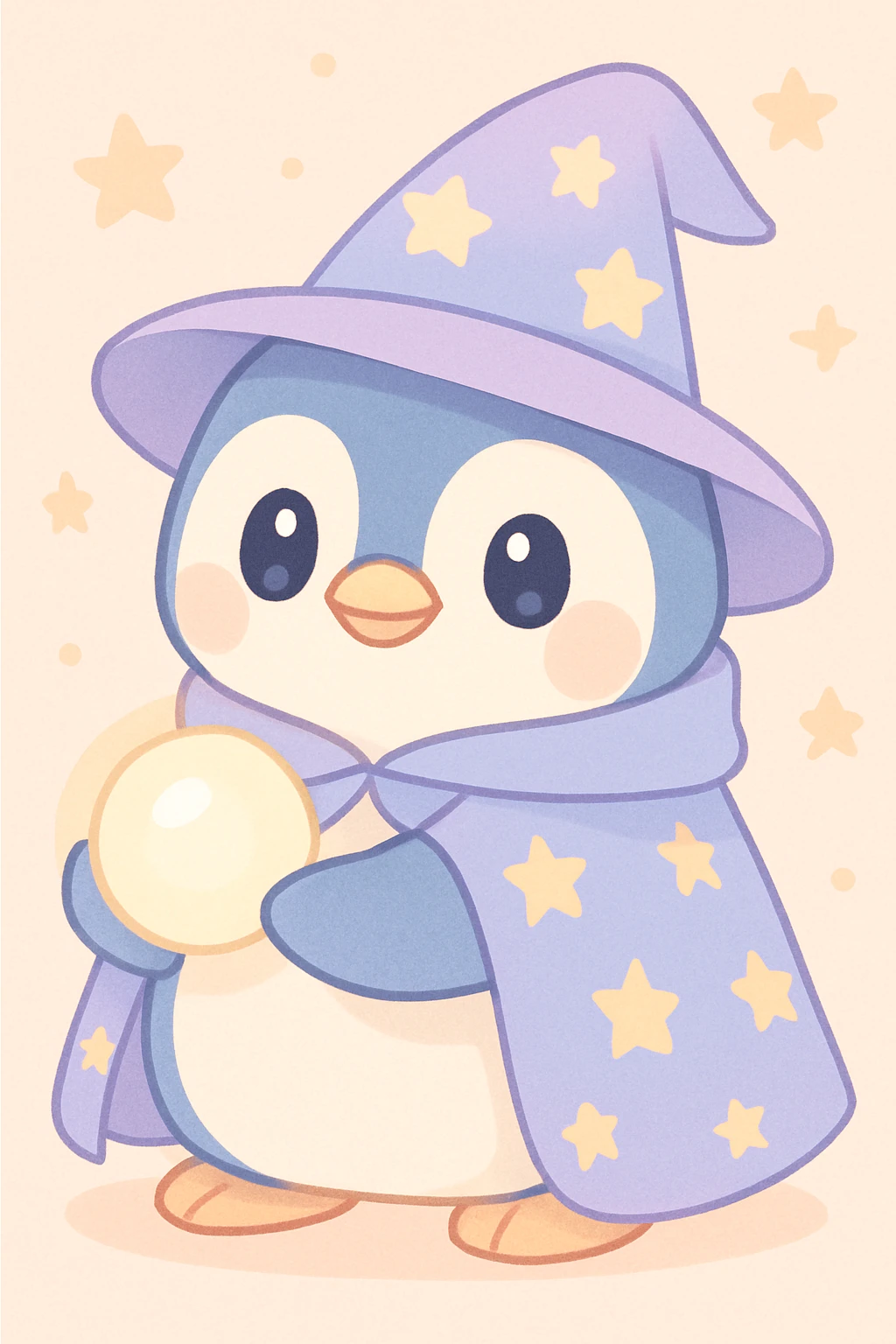 a chubby penguin in wizard attire, with a starry cloak and a glowing orb, looking wise and mystical emoji